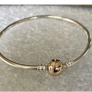 PANDORA Sterling Silver & 14k Solid Gold logo Clasp Bangle Bracelet  7.5 Inches